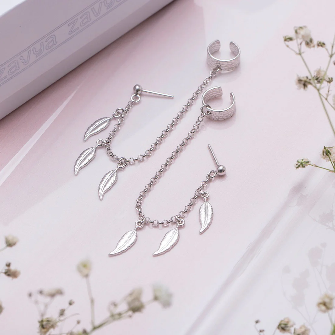 Hanging Leaf Rhodium Plated 925 Sterling Silver Earrings - Image 3