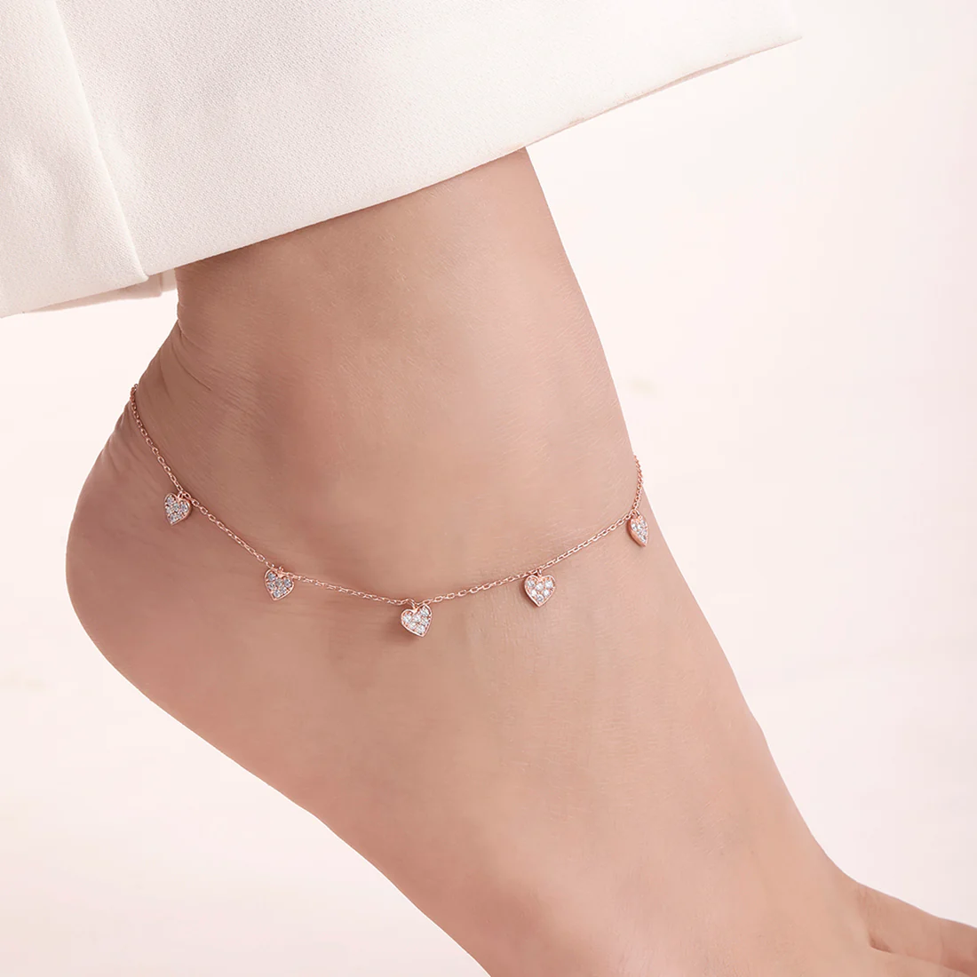 Heart CZ Rose Gold Plated 925 Sterling Silver Anklet - Image 2