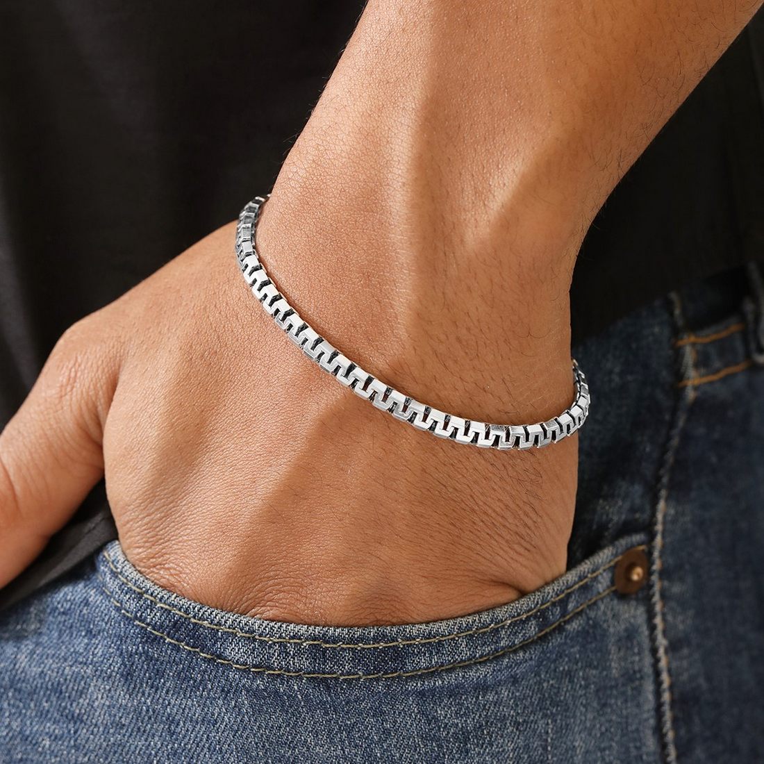 Iconic Rhodium-Plated 925 Sterling Silver Men's Chain Bracelet (One Size) - Image 4