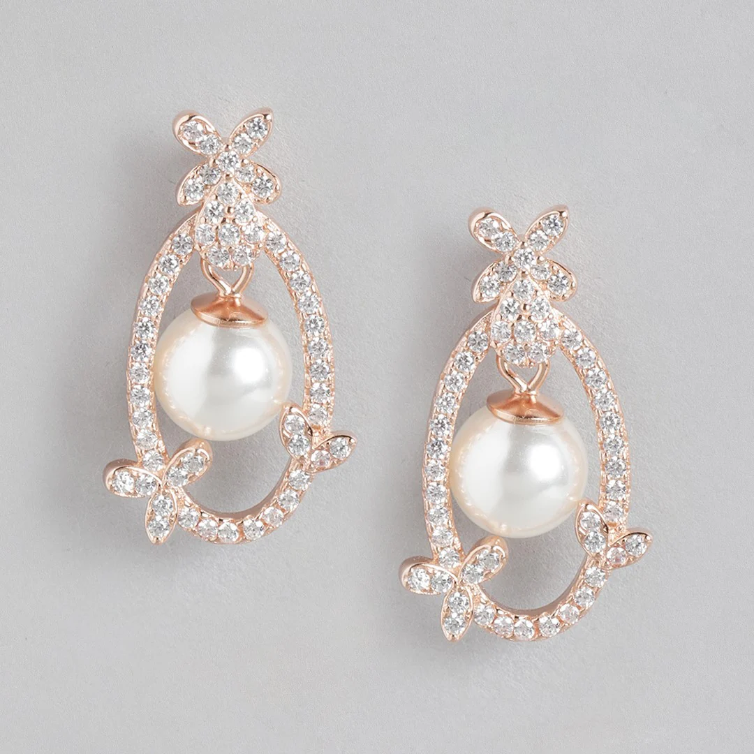 Blooming CZ & Pearl 925 Sterling Silver Rose Gold-Plated Earrings - Image 3