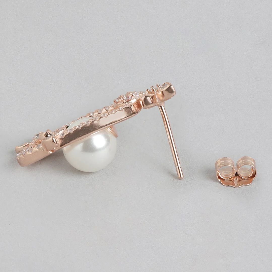 Blooming CZ & Pearl 925 Sterling Silver Rose Gold-Plated Earrings - Image 5