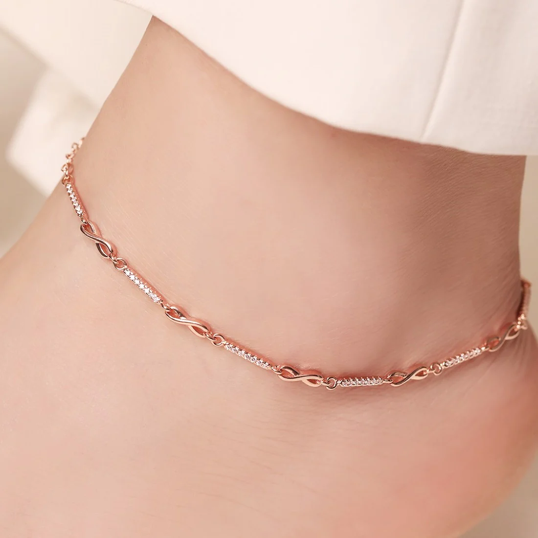 Infinity Cubic Zirconia Rose Gold Plated 925 Sterling Silver Anklet - Image 2
