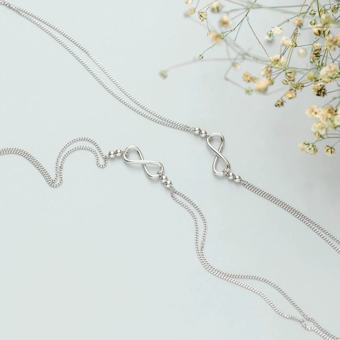 Infinity Dual Chain Rhodium Plated 925 Sterling Silver Anklet - Image 3