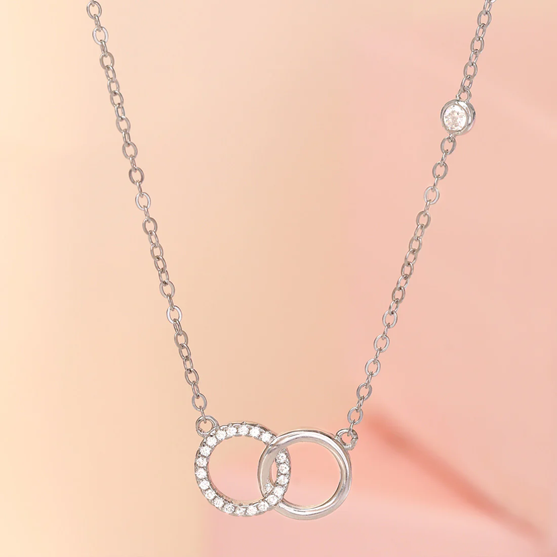 Interlinked Circle Rhodium Plated 925 Sterling Silver Necklace - Image 2