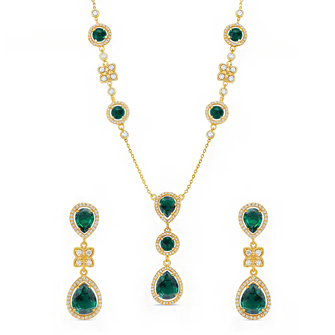 Enchanted Emerald Bloom Gold-Plated 925 Silver Necklace & Earring Jewellery Set - Image 3