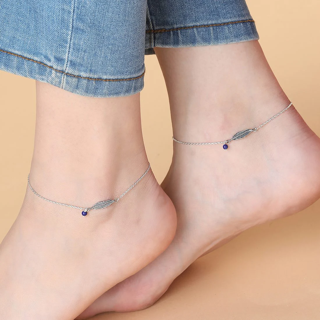 Leafy Delight-Bead Rhodium Plated 925 Sterling Silver Anklet with Leaf Pattern - Image 2