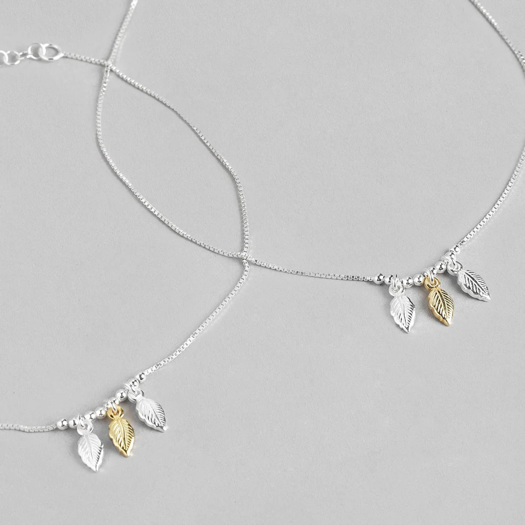 Leafy Delight Rhodium Plated 925 Sterling Silver Anklet with Leaf Pattern - Image 3