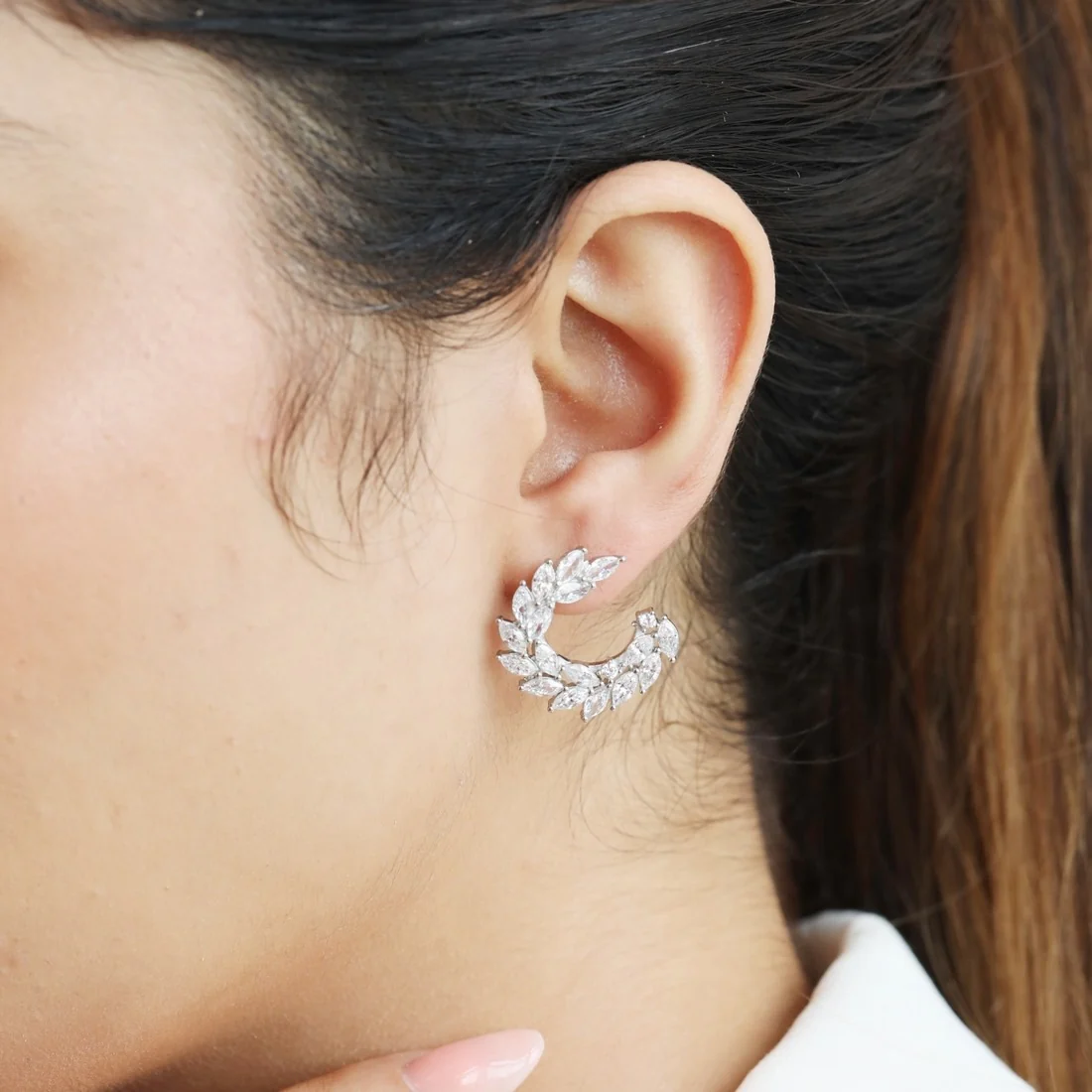 Leafy Luminance Rhodium Plated CZ 925 Sterling Silver Earrings - Image 2