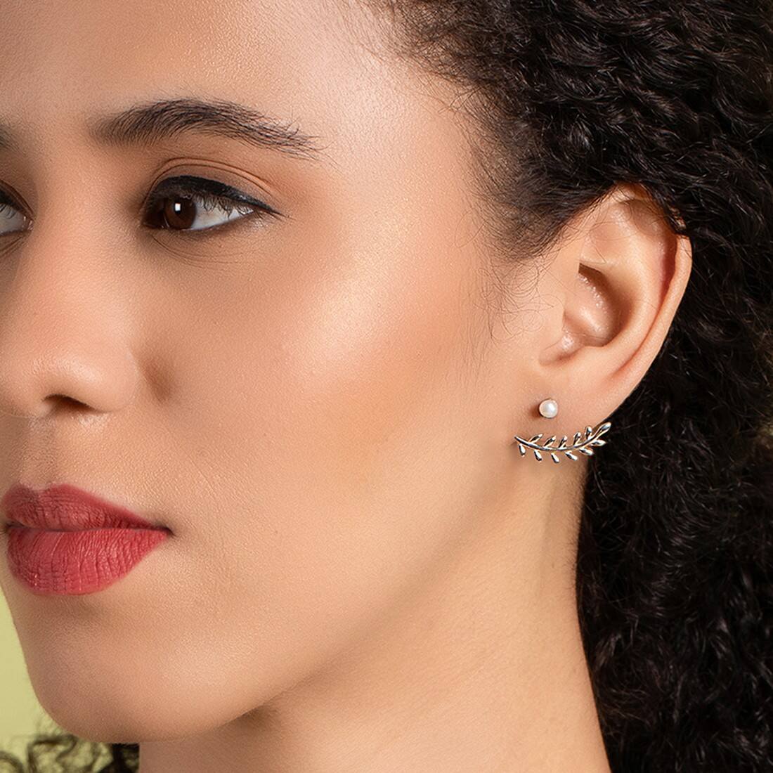 Leafy Pearl Two-Way Rhodium Plated 925 Sterling Silver Studs - Image 3