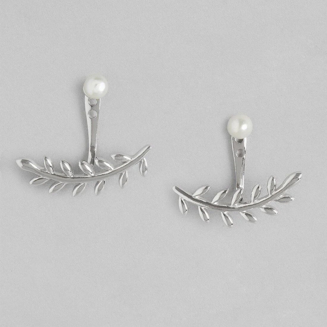 Leafy Pearl Two-Way Rhodium Plated 925 Sterling Silver Studs - Image 7