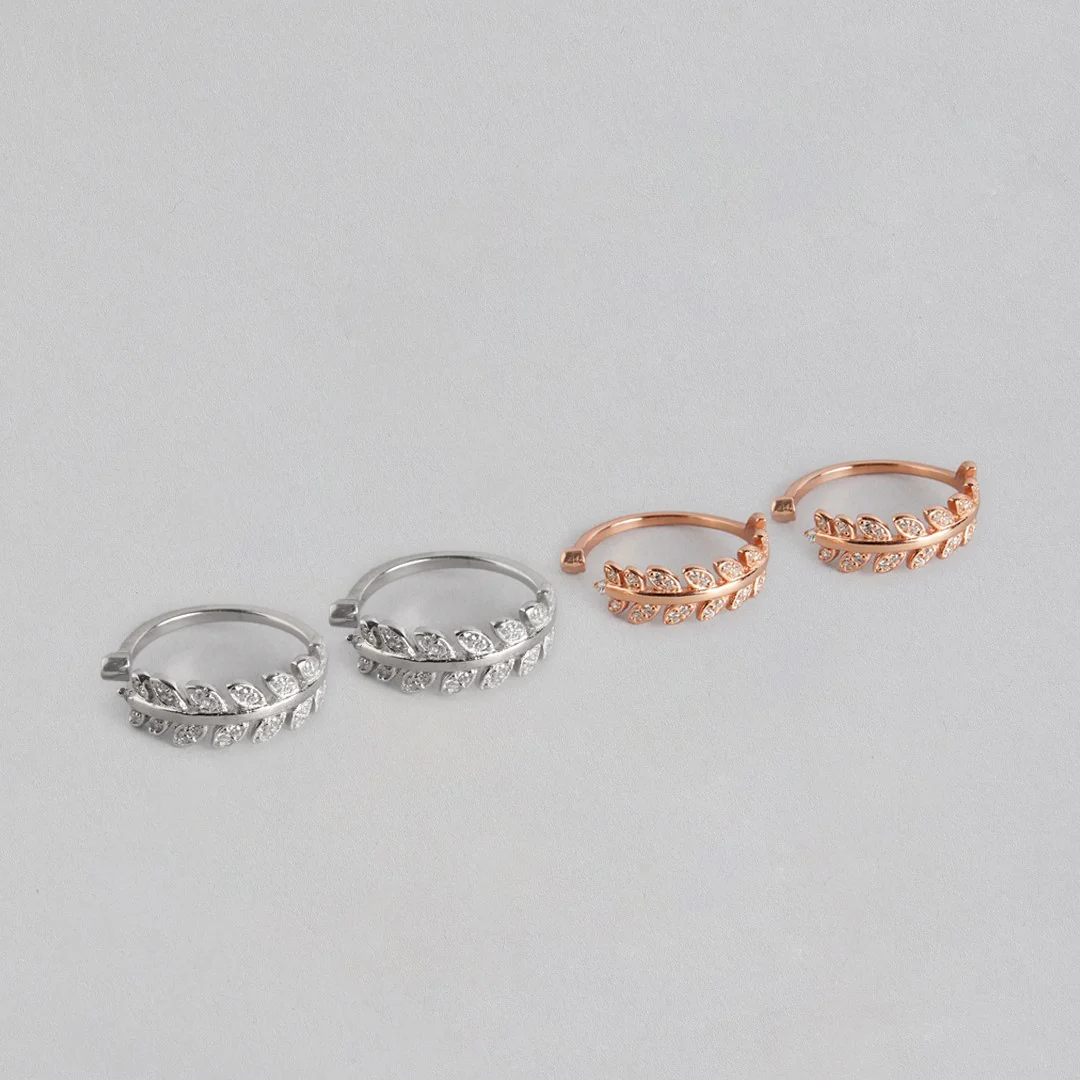 Leafy Silver Adjustable Rodium-Rose Gold 925 Silver Toe Ring Combo - Image 2