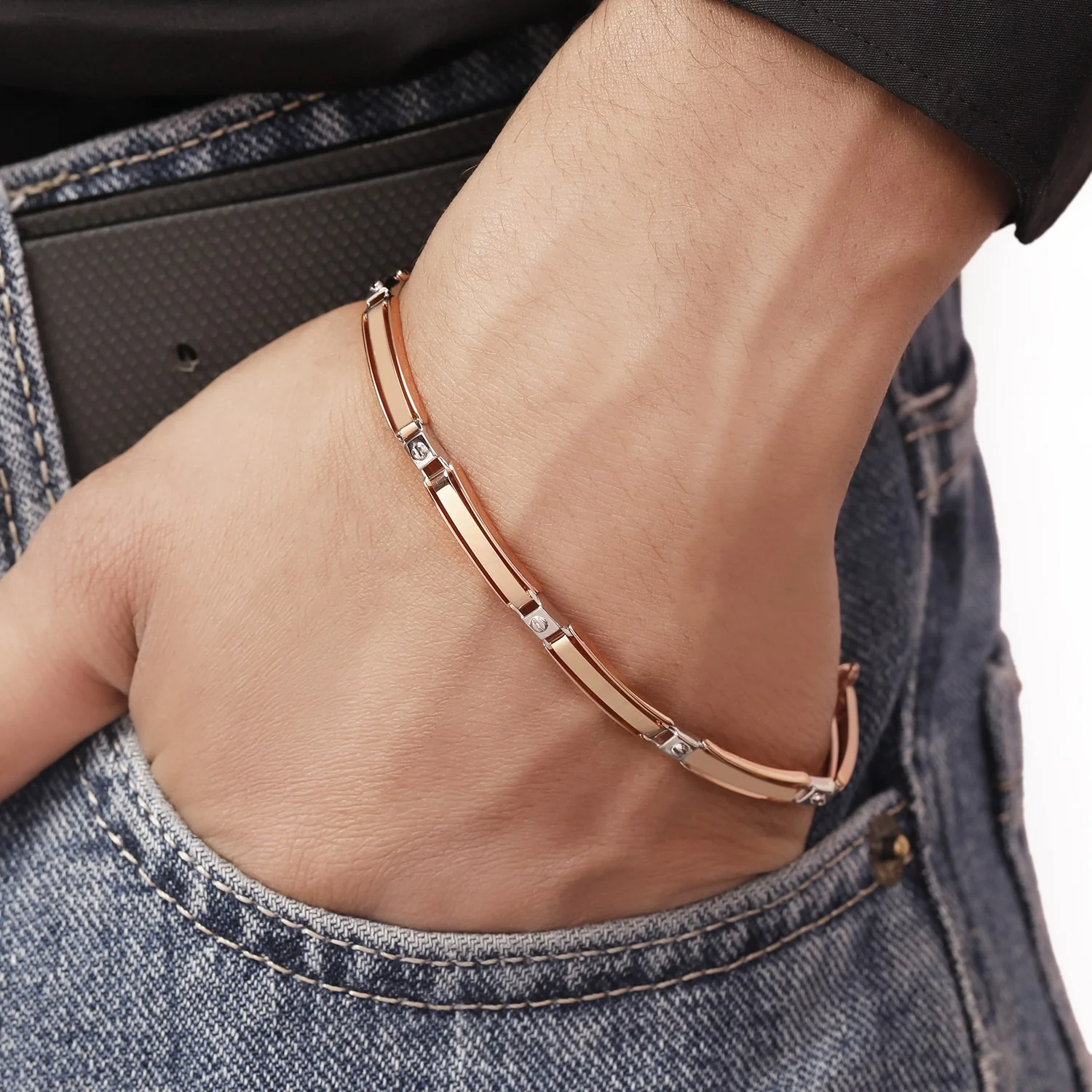 Linear Fusion Dual Plated 925 Sterling Silver Men's Bracelet - Image 2