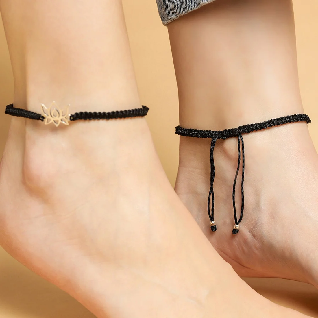Simple Lotus Black Thread Silver Anklet - Image 2