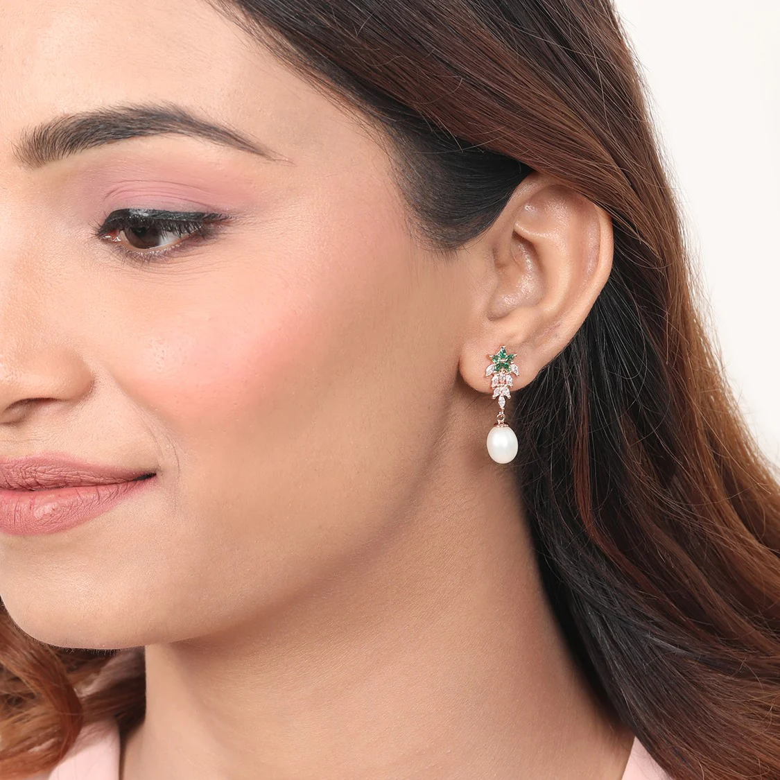 Lustrous Floral Cascade CZ Pearls Rose Gold Plated 925 Sterling Silver Earrings - Image 3