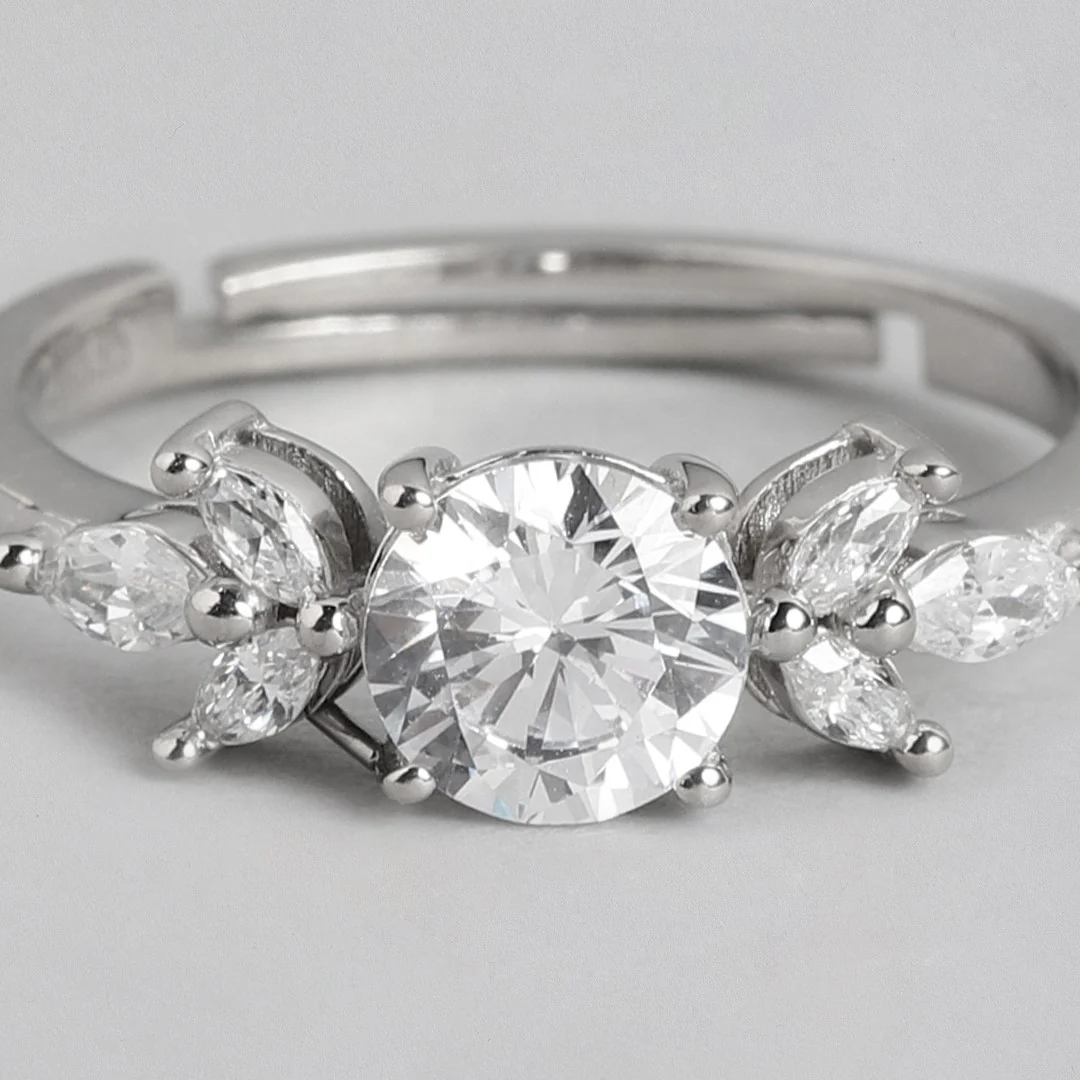 Lustrous Foliage: Rhodium Plated 925 Sterling Silver Ring for Her (Adjustable) - Image 8
