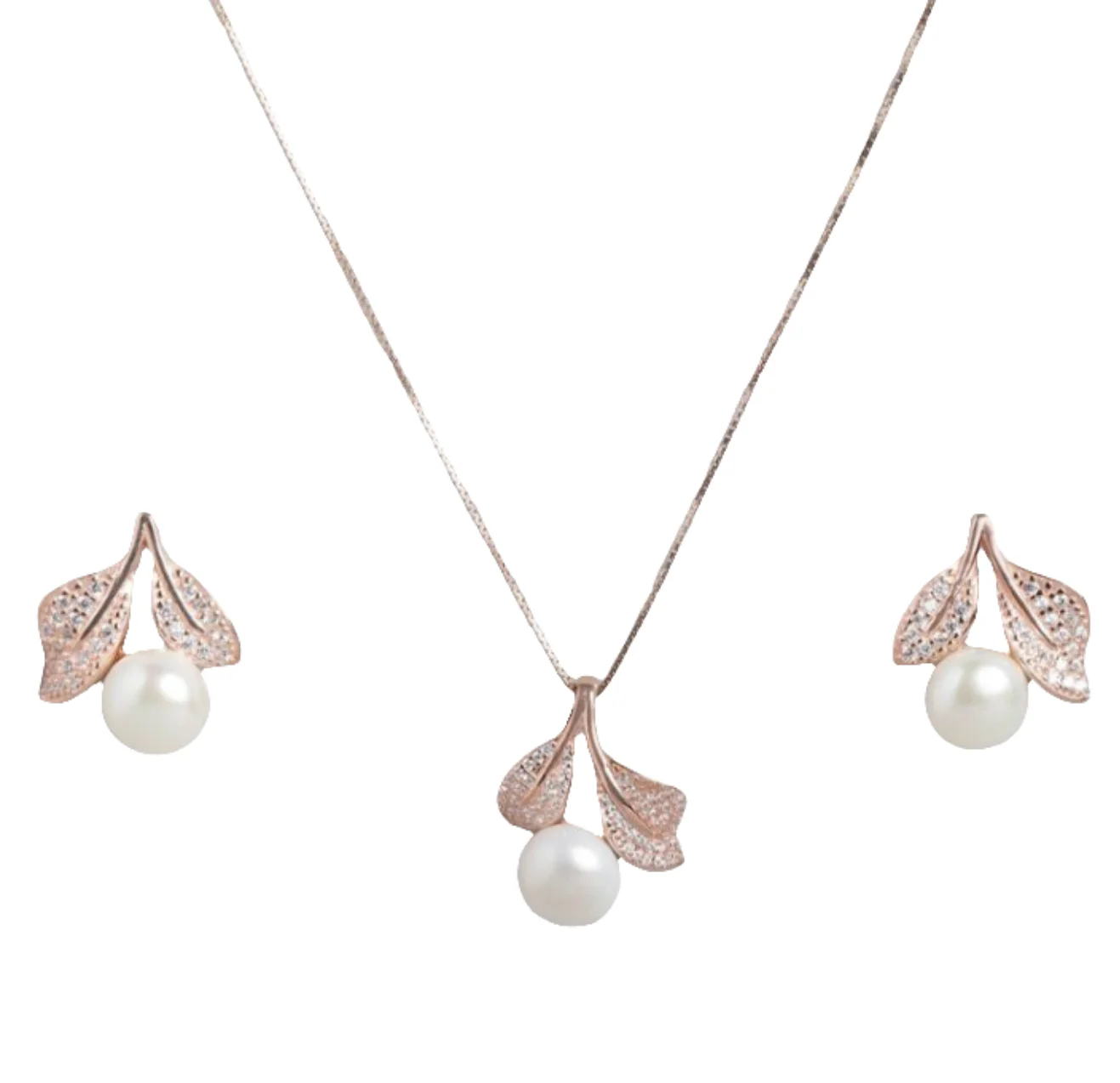Lustrous Leaves & Pearls Rose Gold-Plated 925 Sterling Silver Jewelry Set - Image 3