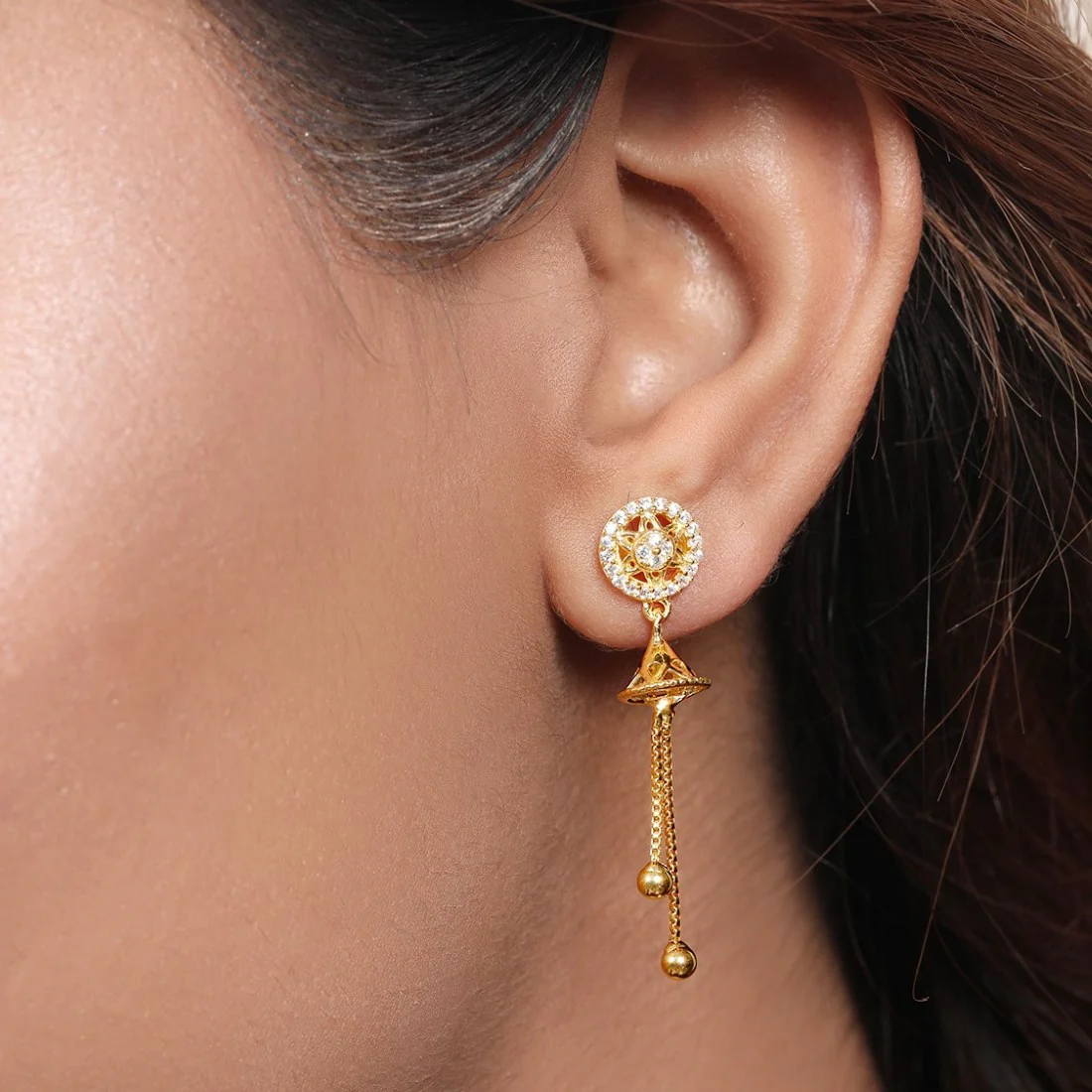 Melodic Blossoms 925 Sterling Silver Gold-Plated Flower with Bell Earrings - Image 2