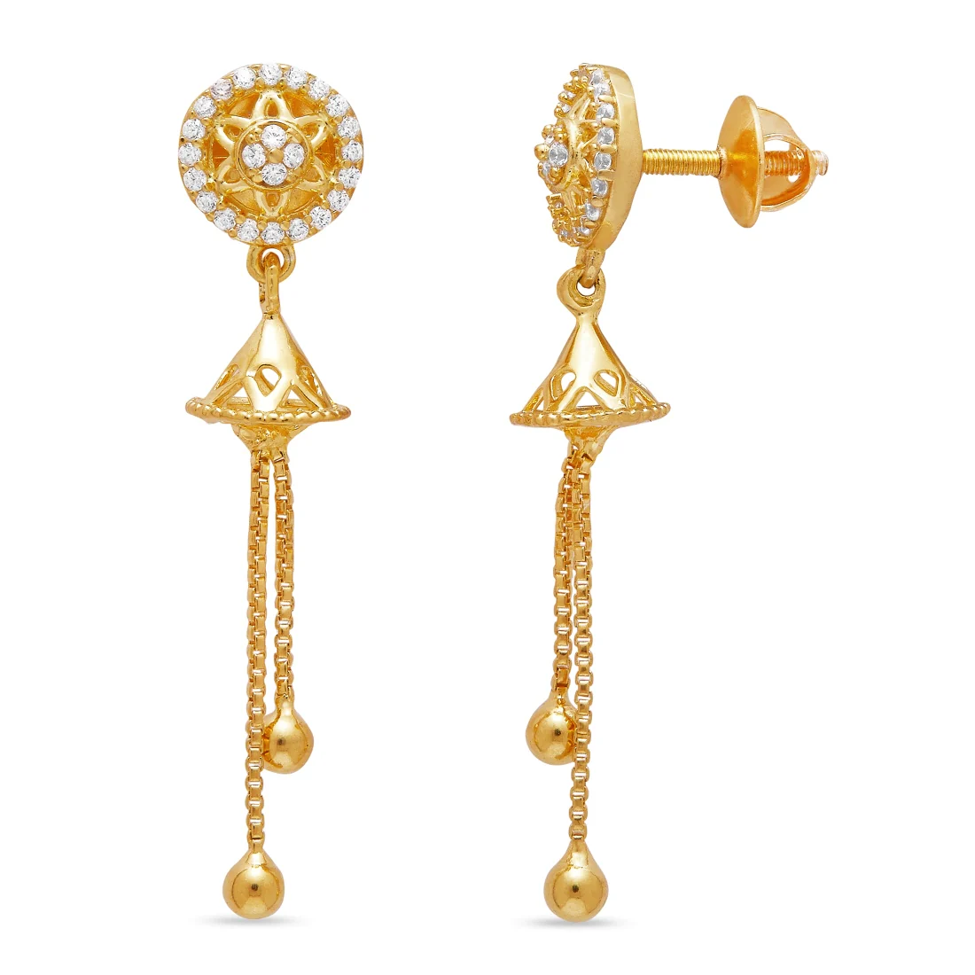 Melodic Blossoms 925 Sterling Silver Gold-Plated Flower with Bell Earrings - Image 4