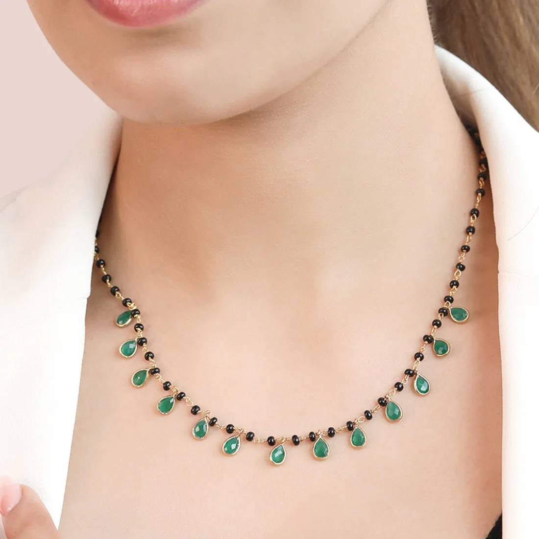 Green Drop CZ With Beaded Chain 925 Sterling Silver Mangalsutra