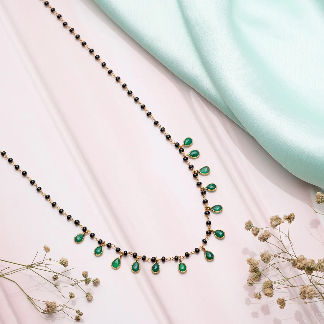 Green Drop CZ With Beaded Chain 925 Sterling Silver Mangalsutra - Image 2