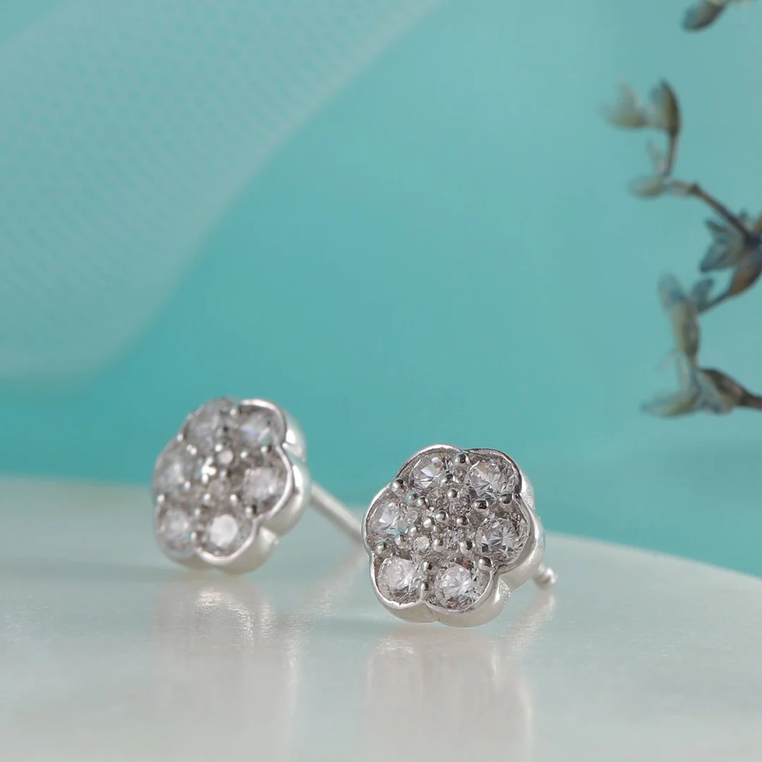 Minimal CZ Studded Rhodium Plated 925 Sterling Silver Studs - Image 2