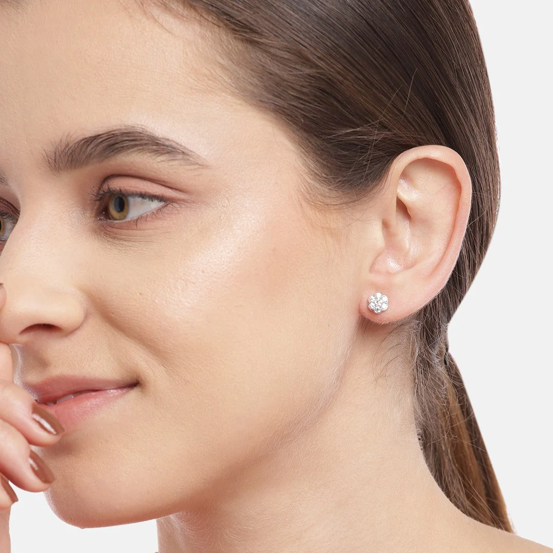 Minimal CZ Studded Rhodium Plated 925 Sterling Silver Studs - Image 3