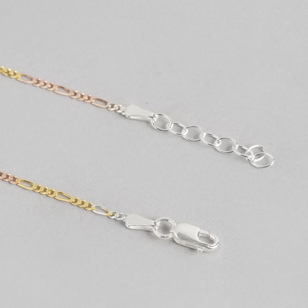 Minimal Triple Tone Figaro Chain 925 Sterling Silver Anklet - Image 7
