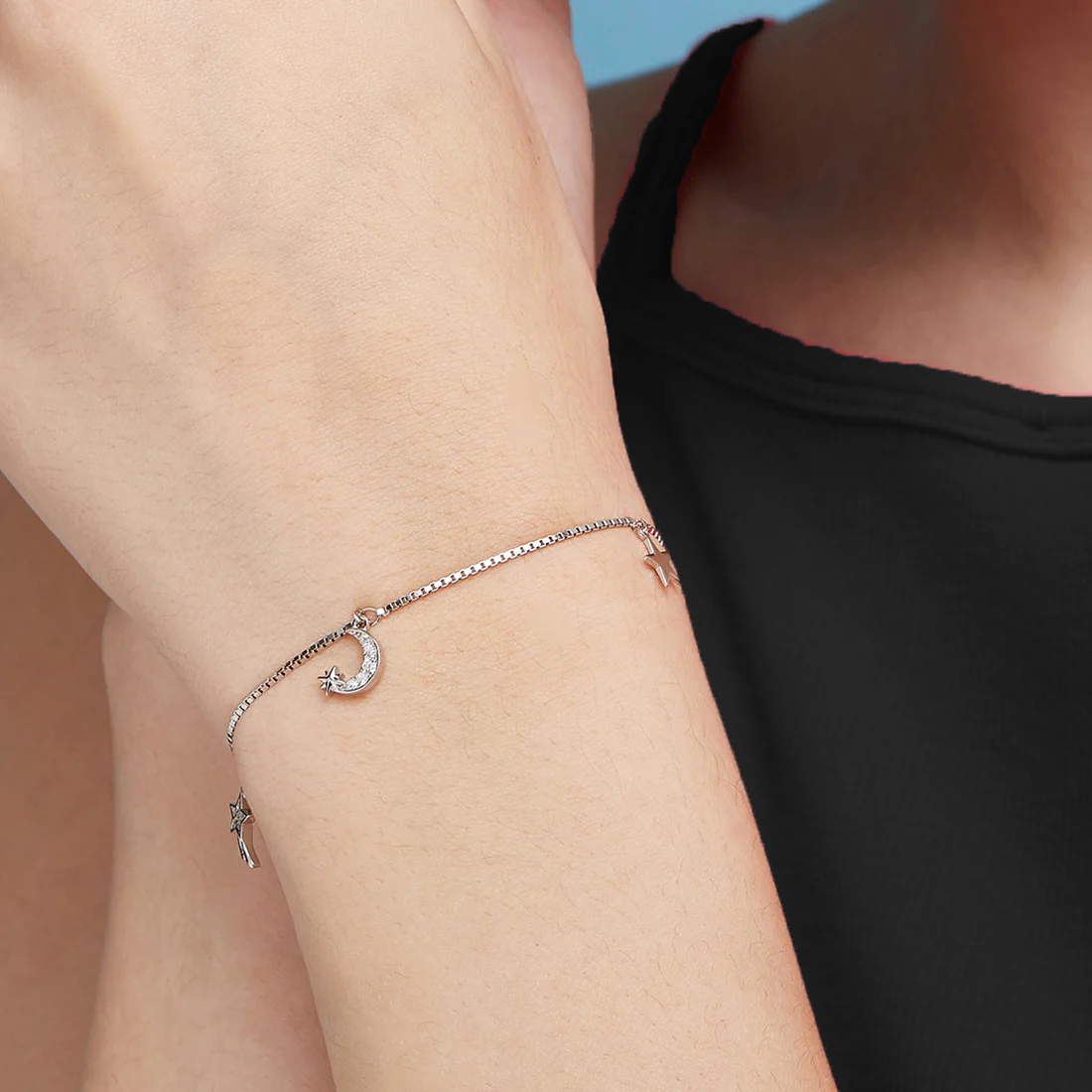 Moon and Star Charms 925 Silver Bracelet - Image 3
