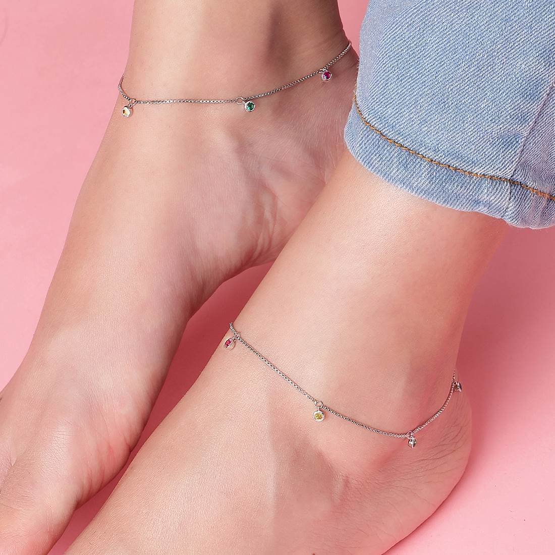 Multi Colour Drops Rhodium Plated 925 Sterling Silver Anklet