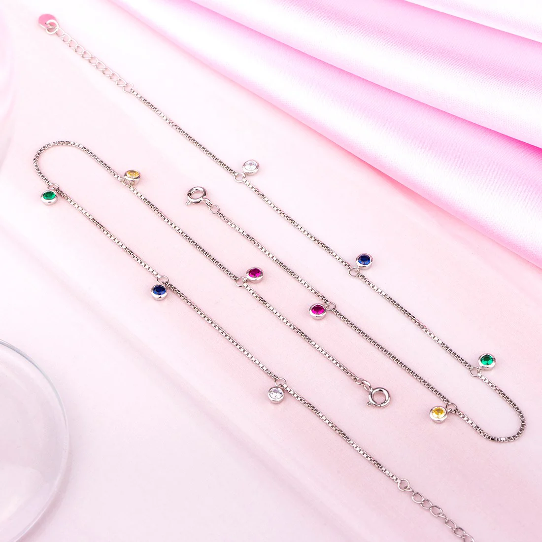 Multi Colour Drops Rhodium Plated 925 Sterling Silver Anklet - Image 5