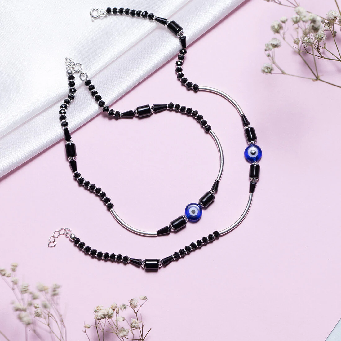 Mystic Charms 925 Sterling Silver Rhodium-Plated Evil Eye Anklet