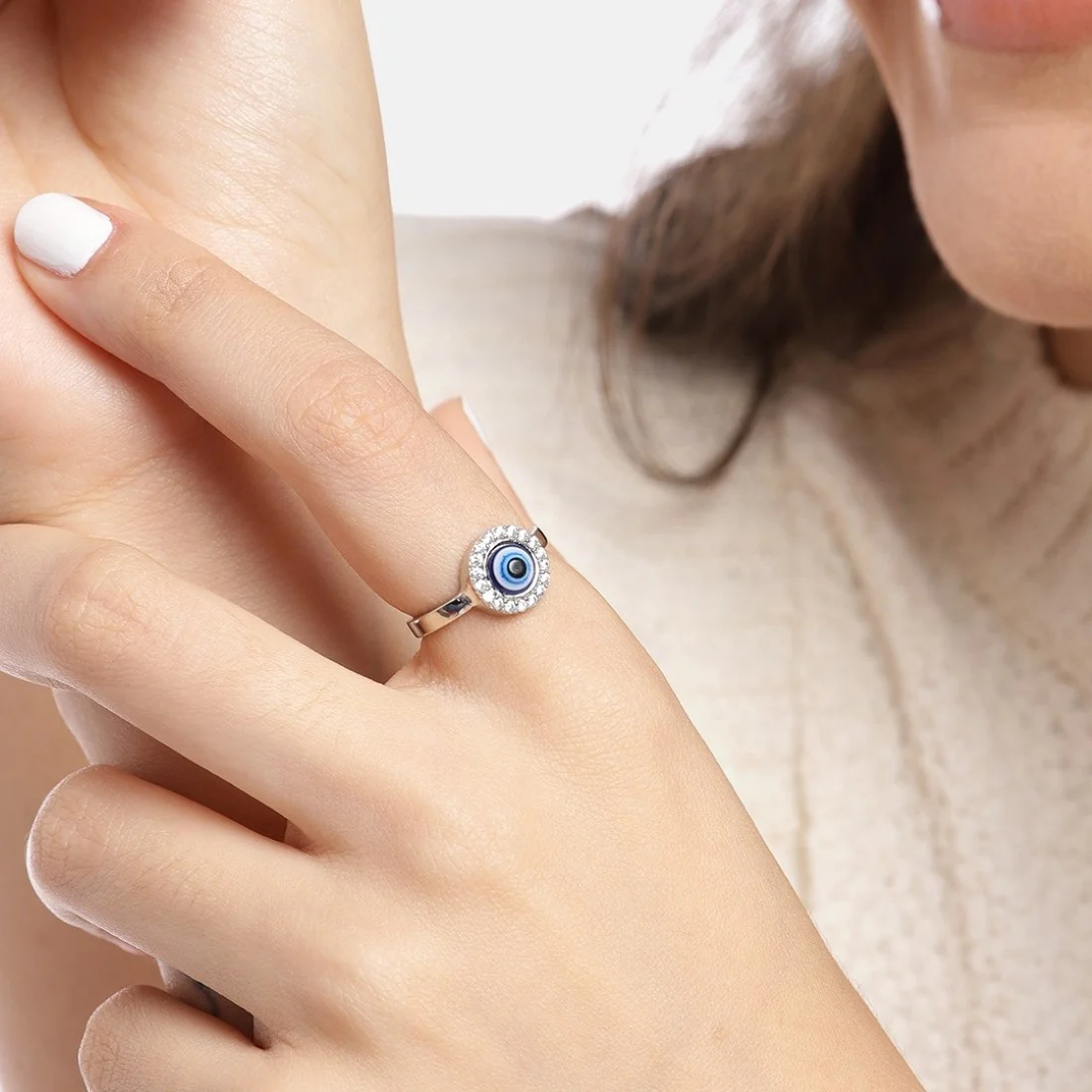 Mystic Ward Evil Eye CZ Rhodium Plated 925 Sterling Silver Ring (Adjustable) - Image 2