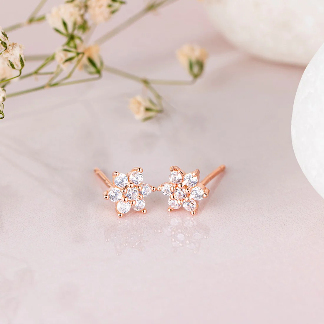 Enchanting Nakshatra Floral 925 Silver Stud Earrings In Rose Gold