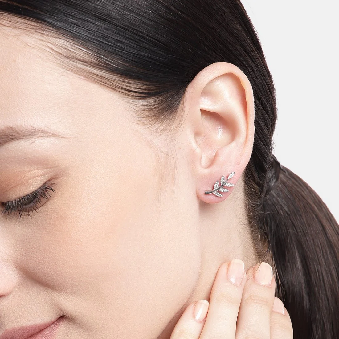 Nature's Elegance Rhodium Plated Stud Earring with Cubic Zirconia - Image 2