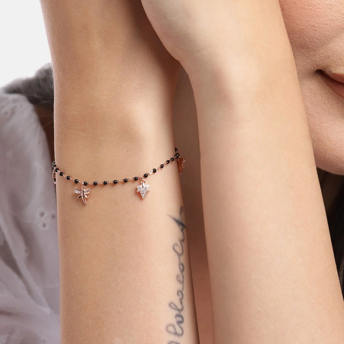 Nature's Whimsy Rose Gold-Plated CZ Leaf & Butterfly 925 Sterling Silver Bracelet - Image 2