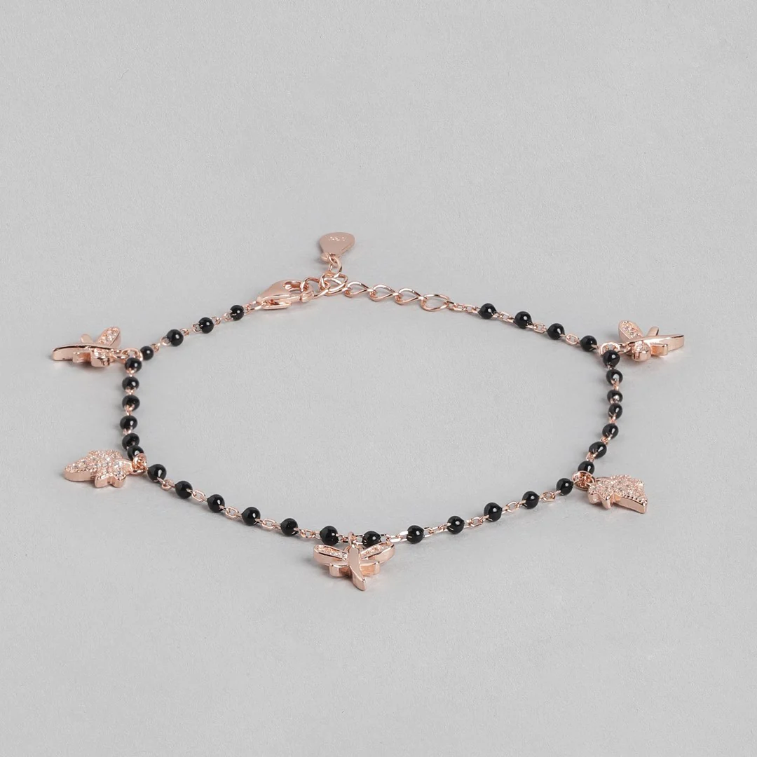 Nature's Whimsy Rose Gold-Plated CZ Leaf & Butterfly 925 Sterling Silver Bracelet - Image 3