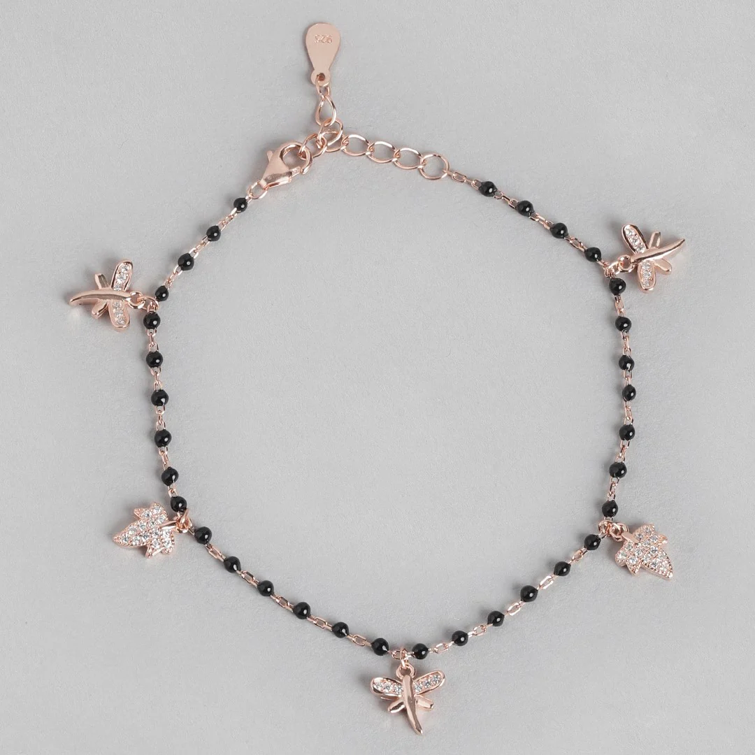 Nature's Whimsy Rose Gold-Plated CZ Leaf & Butterfly 925 Sterling Silver Bracelet - Image 4