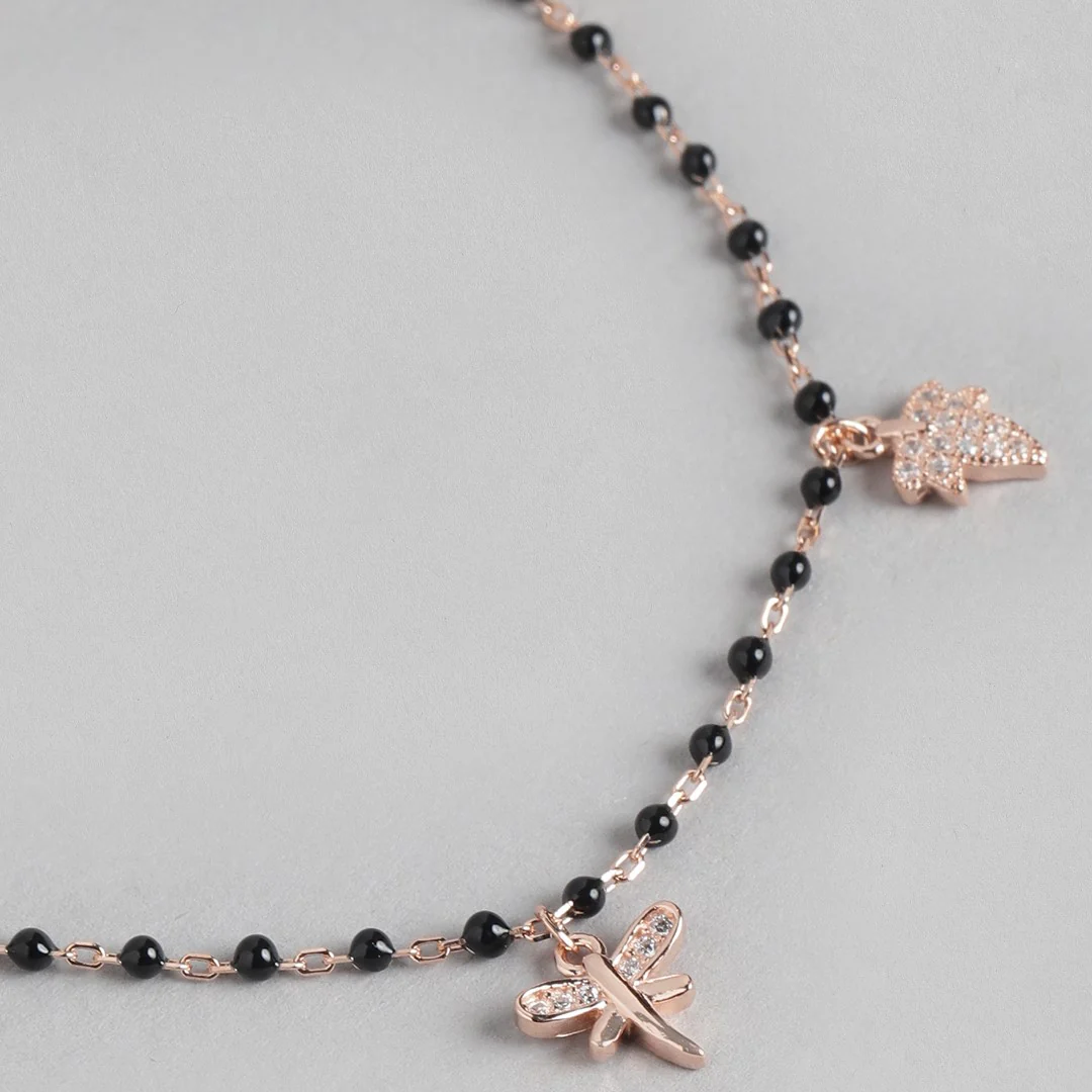 Nature's Whimsy Rose Gold-Plated CZ Leaf & Butterfly 925 Sterling Silver Bracelet - Image 5