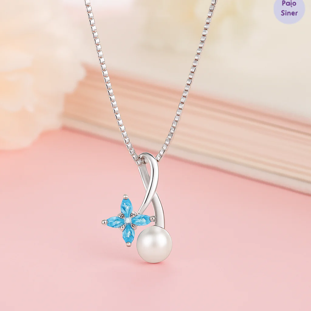 Timeless Pearl Flower Rhodium Plated 925 Sterling Silver Necklace - Image 2