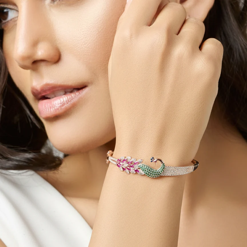 Peacock Rhodium Plated 925 Sterling Silver Cuff Bracelet - Image 10