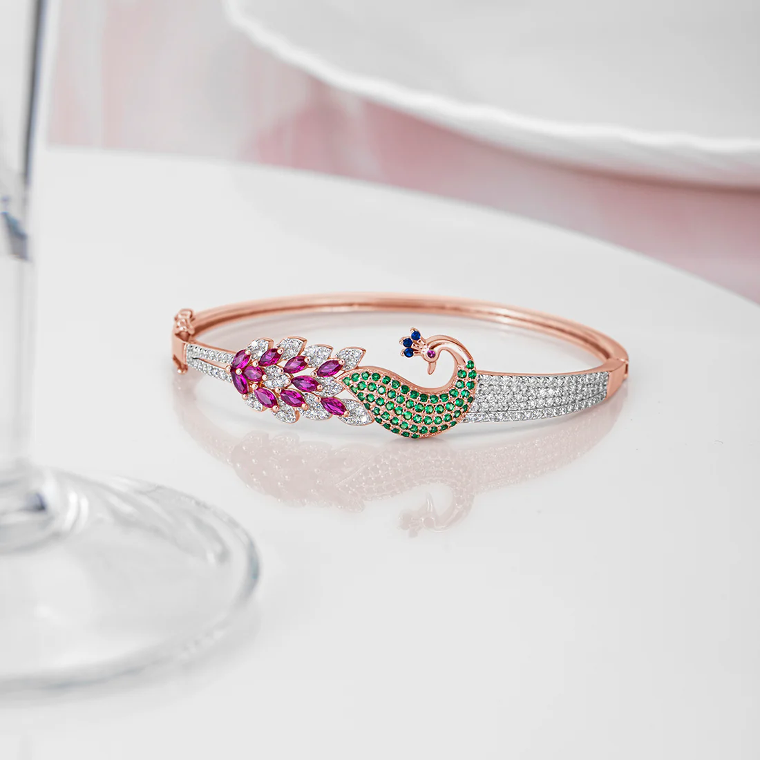 Peacock Rhodium Plated 925 Sterling Silver Cuff Bracelet - Image 8