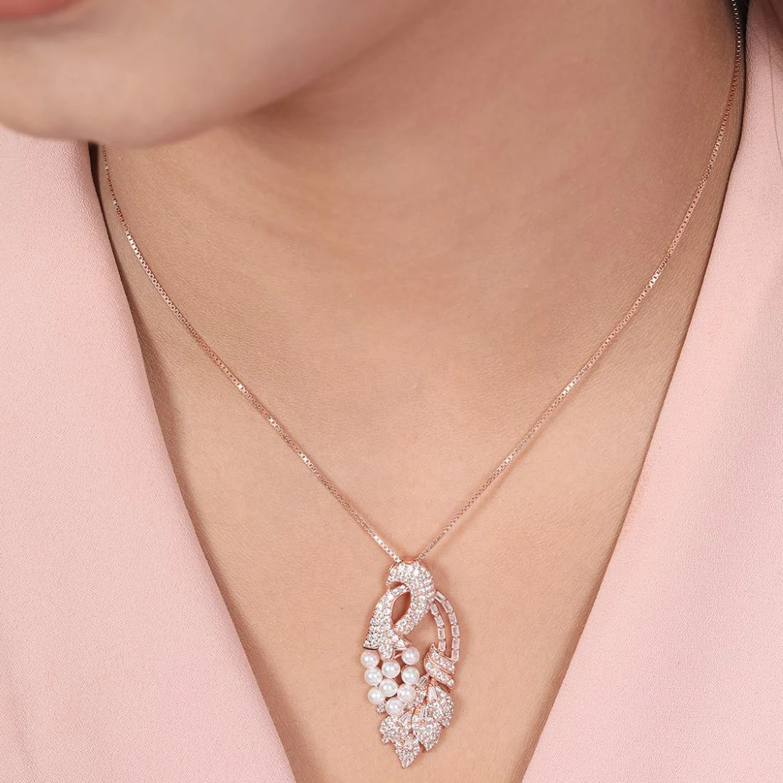 Peacock Harmony CZ Radiance Rose Gold-Plated 925 Sterling Silver Pendant with Chain - Image 3