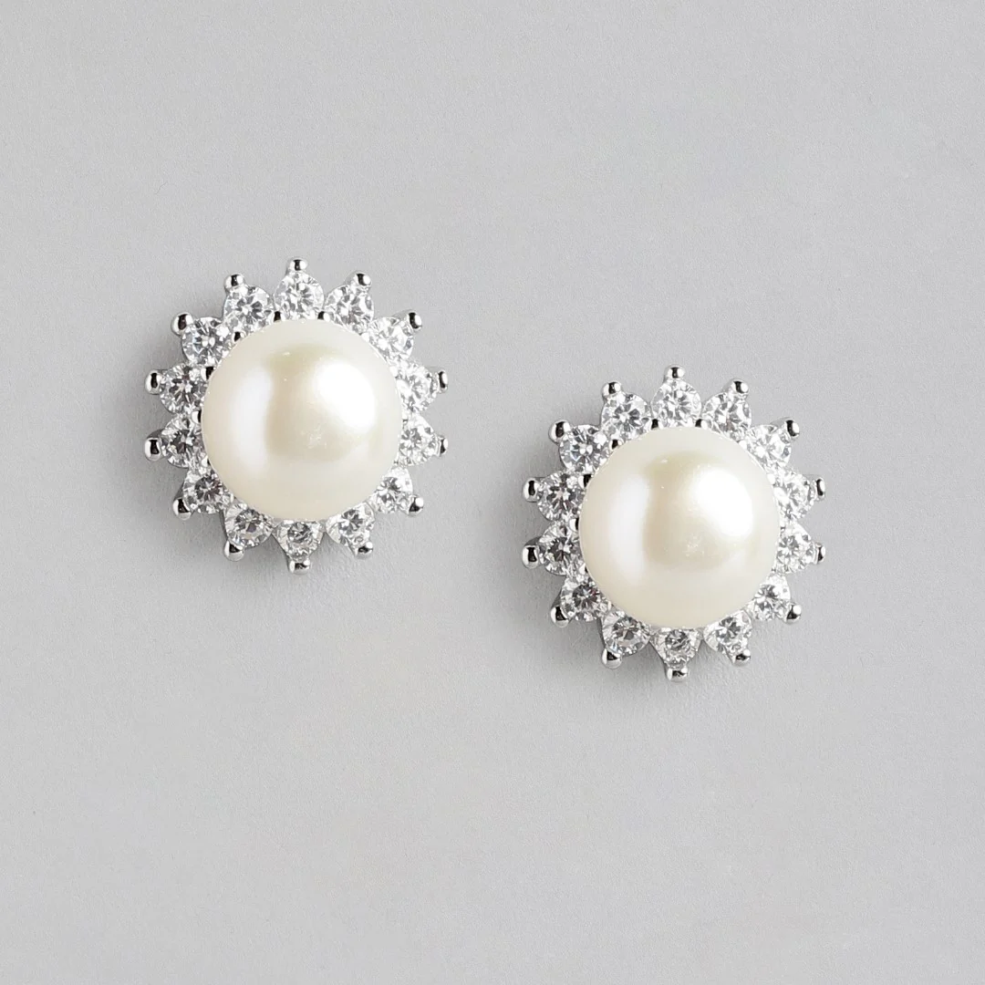 Pearl and CZ Delight Rhodium Plated CZ 925 Sterling Silver Earrings - Image 3