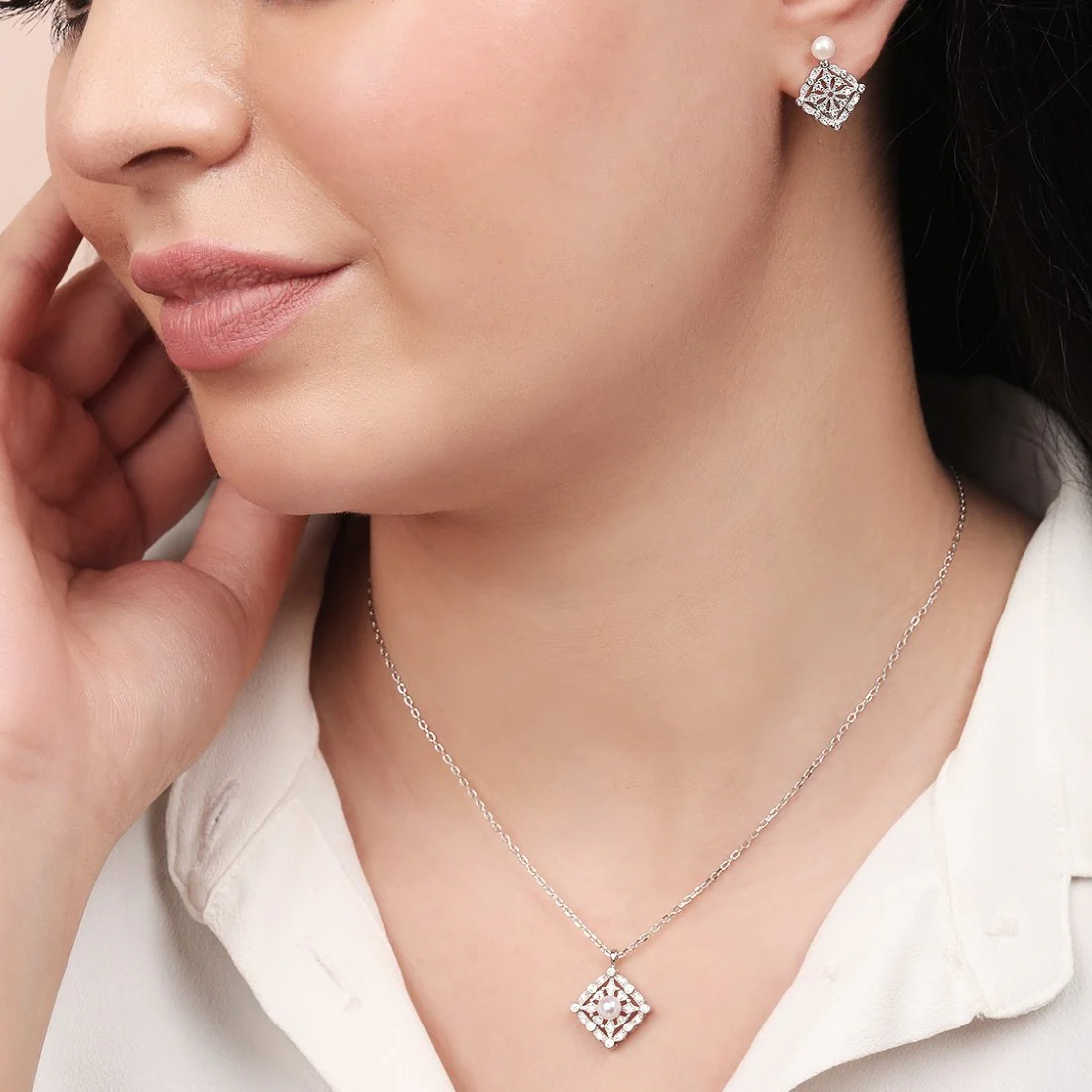 Pearl-CZ Blossom Harmony Rhodium-Plated 925 Sterling Silver Jewelry Set - Image 2