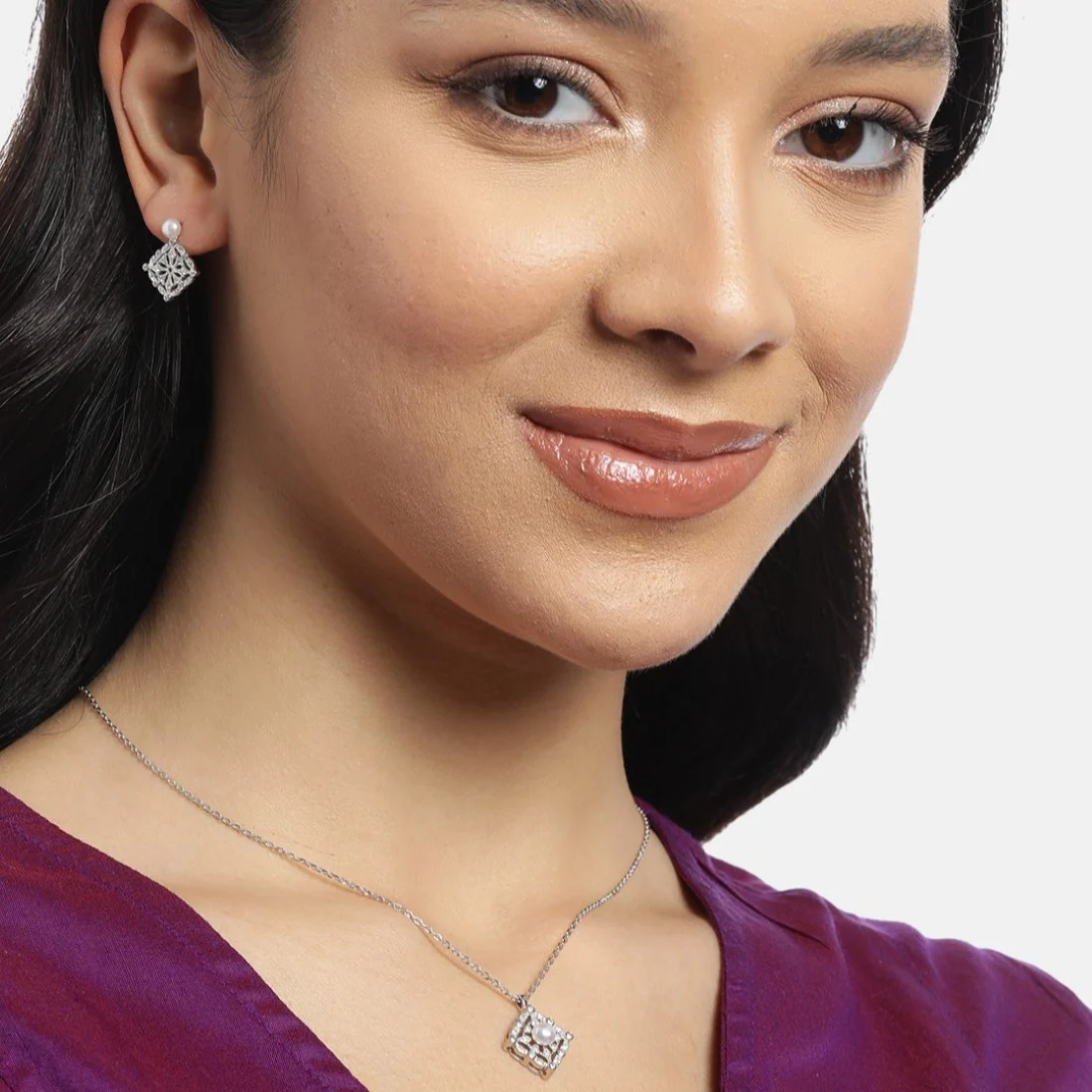Pearl-CZ Blossom Harmony Rhodium-Plated 925 Sterling Silver Jewelry Set - Image 3