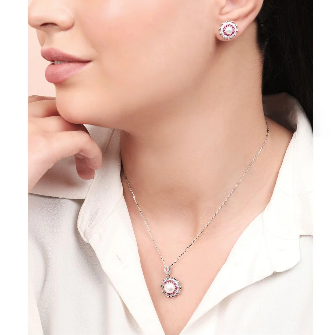 Pearl Blossom Harmony Rhodium-Plated 925 Sterling Silver Jewelry Set - Image 2