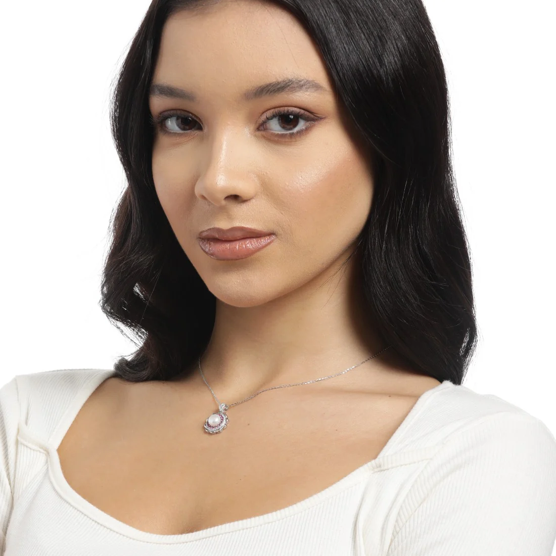 Pearl Blossom CZ Harmony Rhodium-Plated 925 Sterling Silver Necklace - Image 3