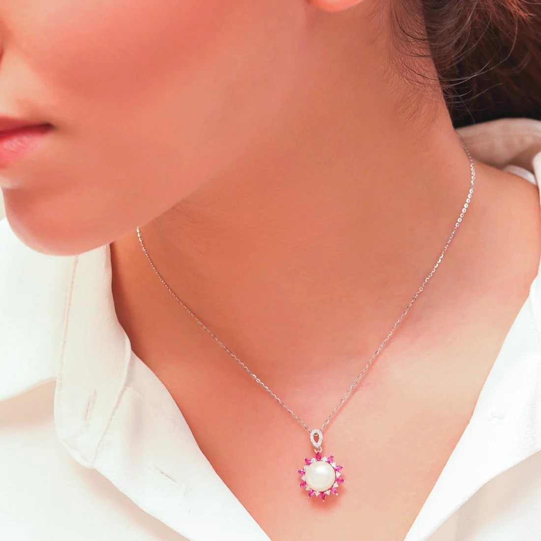 Pearl Blossom Radiance Rhodium-Plated 925 Sterling Silver Necklace - Image 3