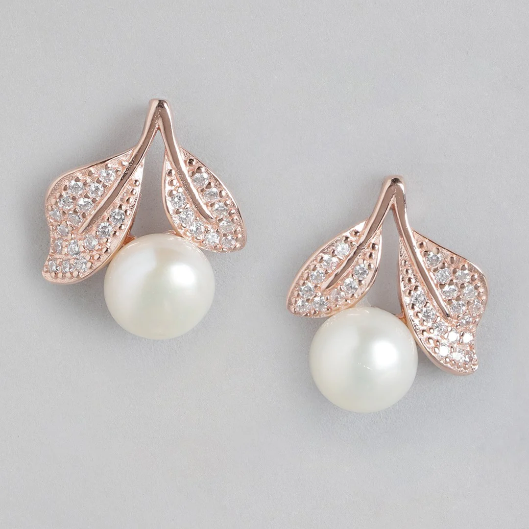 Pearl Elegance Rose Gold-Plated CZ & Freshwater Pearl 925 Sterling Silver Earrings - Image 4