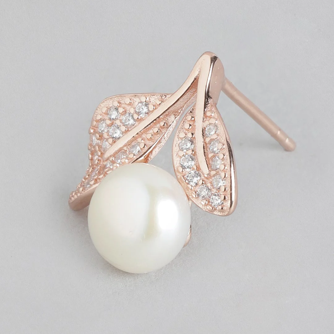 Pearl Elegance Rose Gold-Plated CZ & Freshwater Pearl 925 Sterling Silver Earrings - Image 5